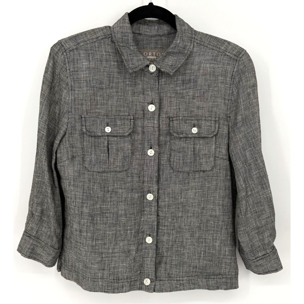 Norton McNaughton Women's PM Grey 100% Linen Blouse Top Roll Tab Sleeve Coastal